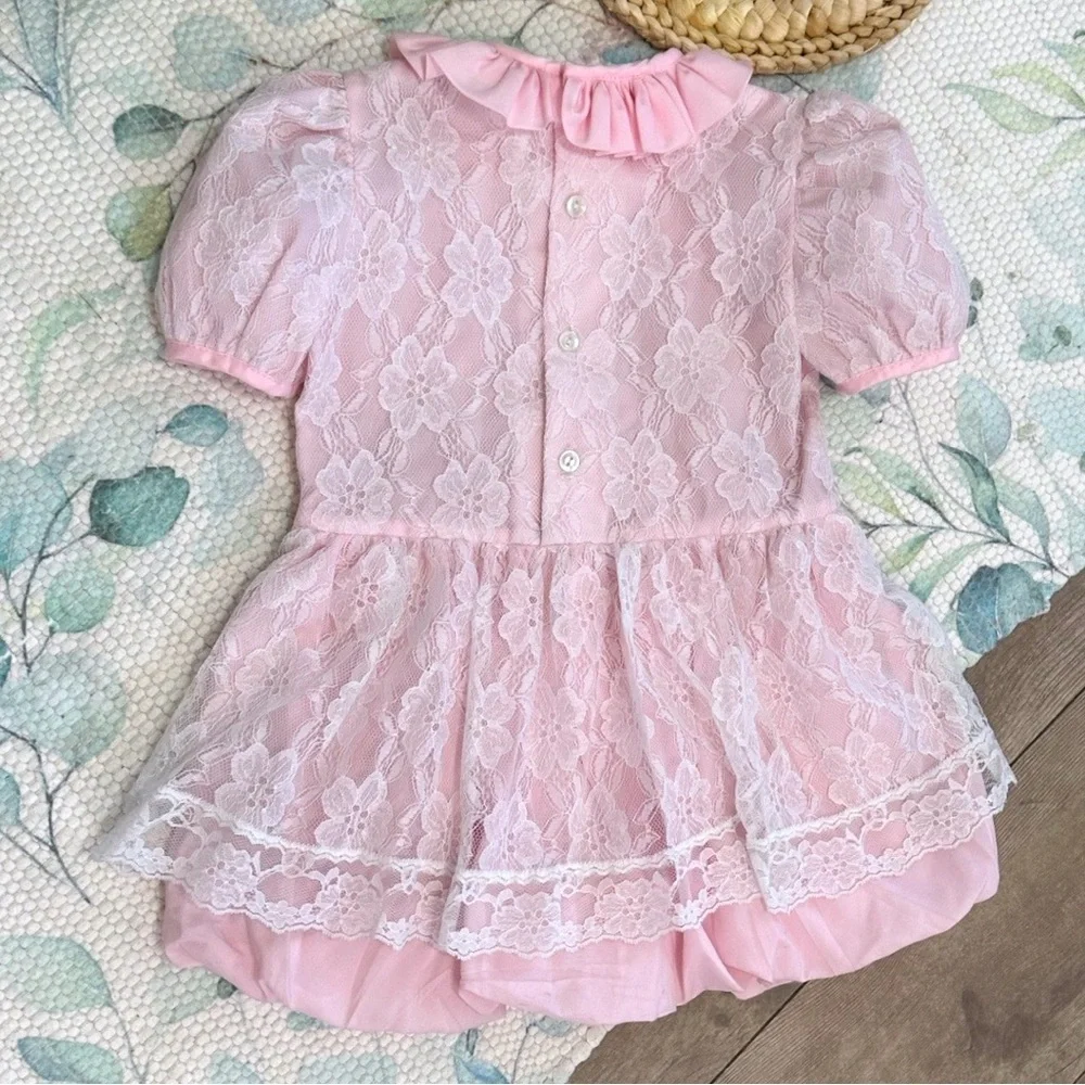 Vintage Toddler Girl Dress Pink White Floral Lace by Ribbons & Lace Collection